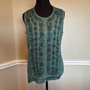 Kirat Artisan Boho Embroidered Sleeveless Button Front Tunic Top Teal Size L